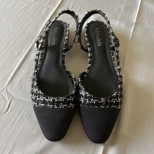 Adrizzlein Tweed Slingback Flats Black White Pointed Toe Preppy Chic 7.5 US